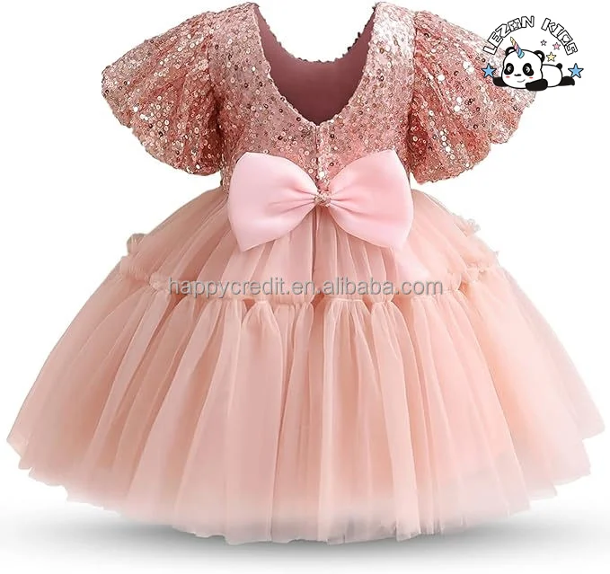 LEZONKIDS - Vestidos Infantis de Festa com Manga Bufante Brilhante e Lantejoulas Personalizáveis com Malha de Renda para Meninas Pequenas